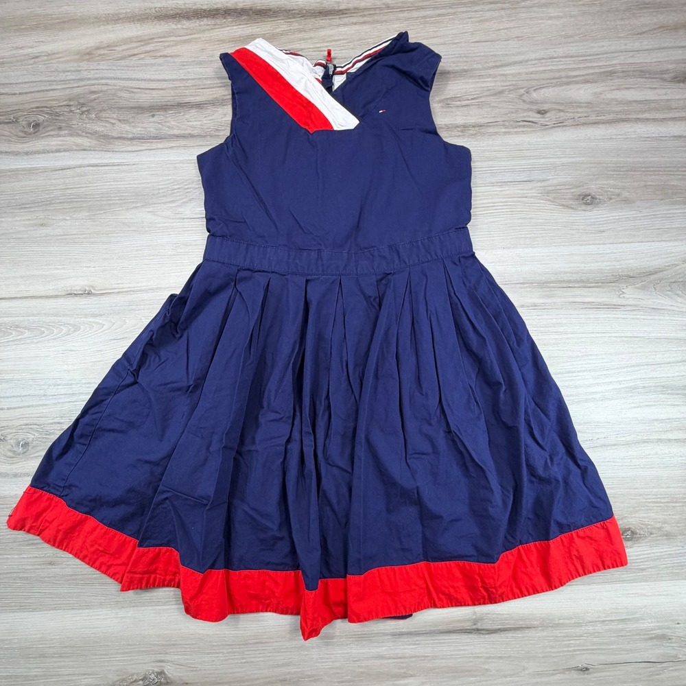 Tommy Hilfiger Girls Navy Blue Red White Color Block Pleated Dress Size 14
